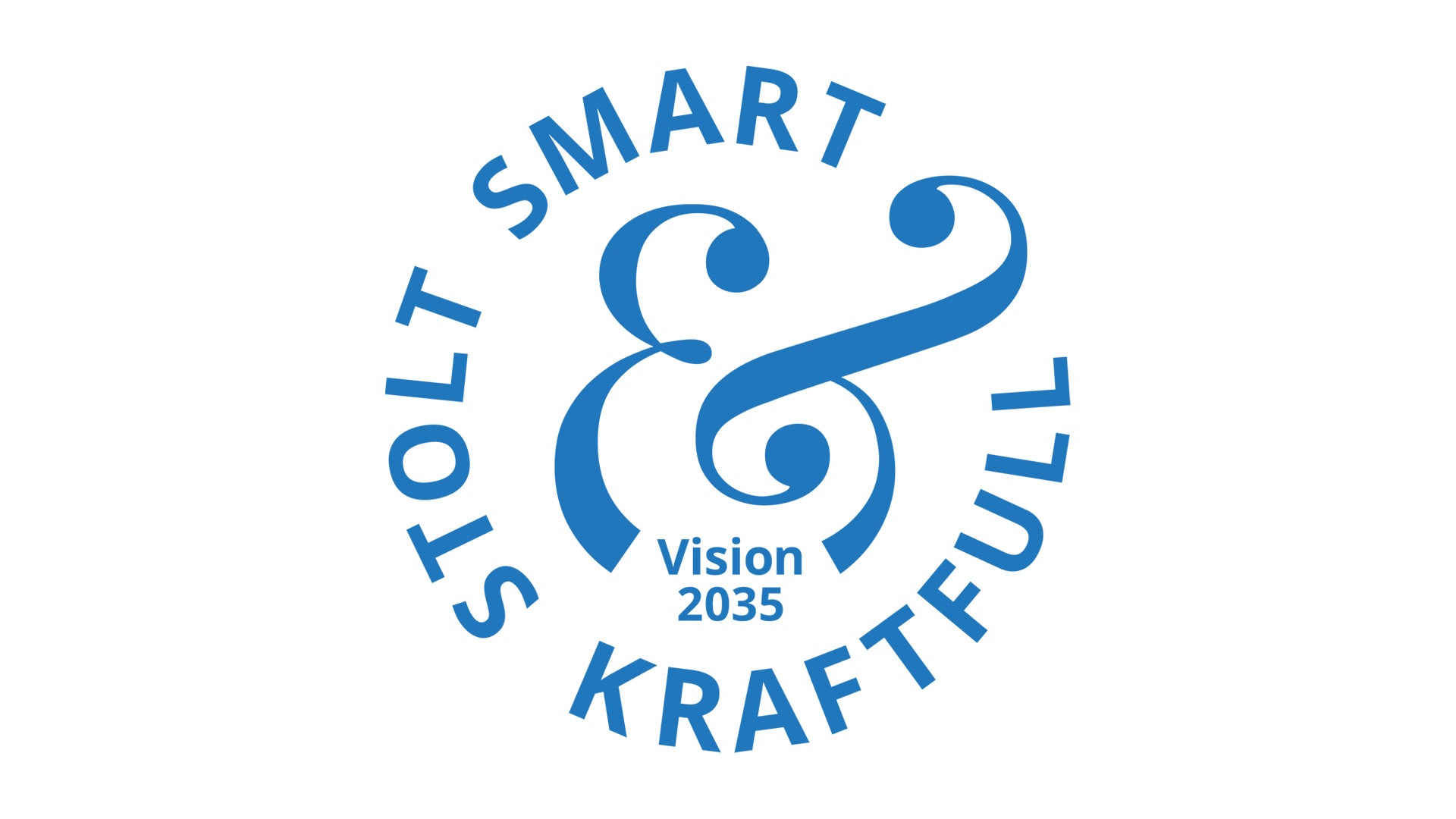 Ett märke som visar Katrineholms kommuns vision 2035 stolt smart och kraftfull
