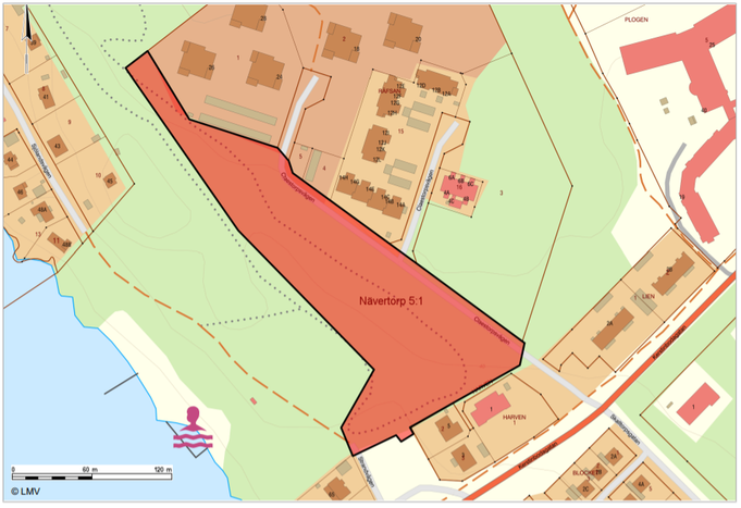Planområdet för detaljplanen, röd yta anger aktuellt område.